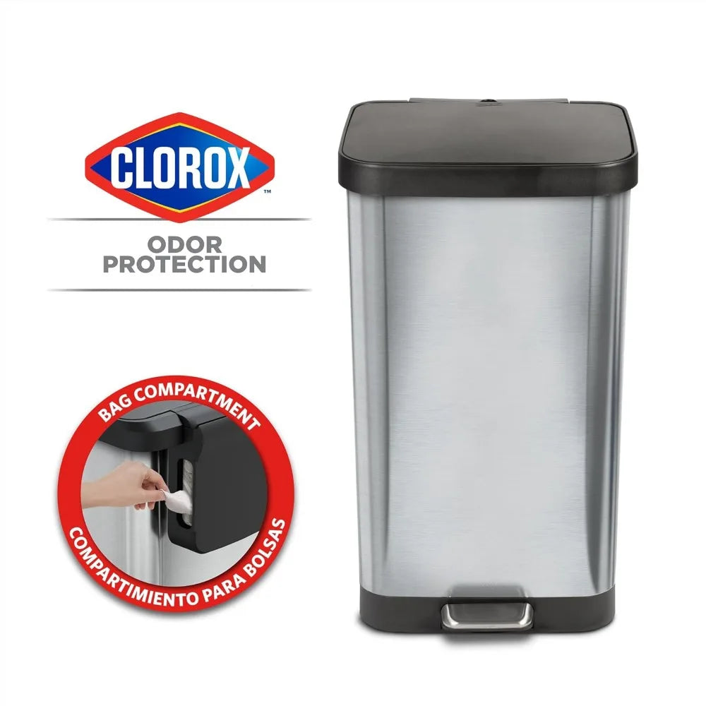 Stainless Steel Step Trash Can with Clorox Odor Protection | Large Metal Kitchen Garbage Bin with Soft Close Lid, Foot Pedal