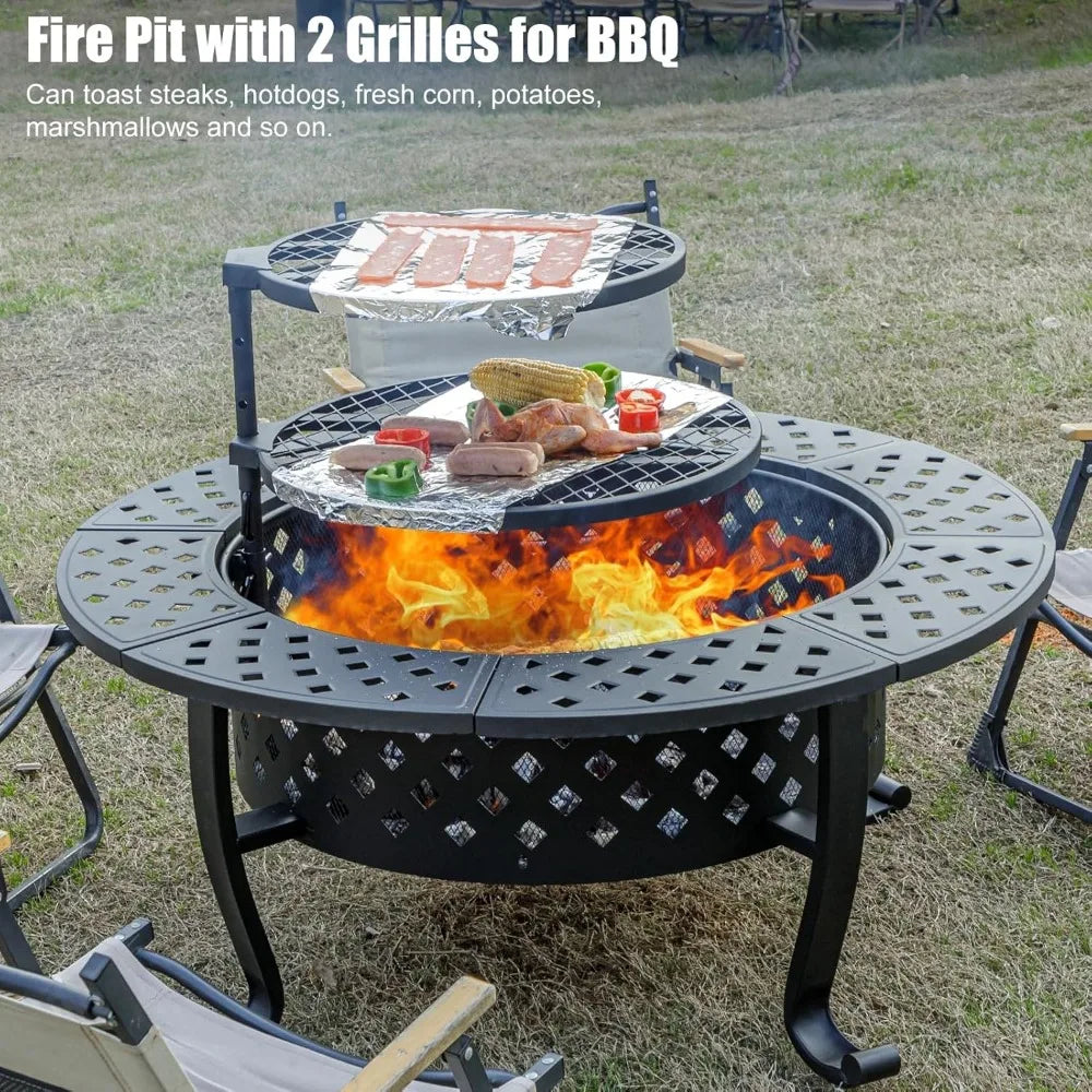 42 Inch Fire Pit with 2 BBQ Grills, Wood Burning Fire Pits for Outside with Lid Fire Poker, BBQ Outdoor Firepit Round Metal