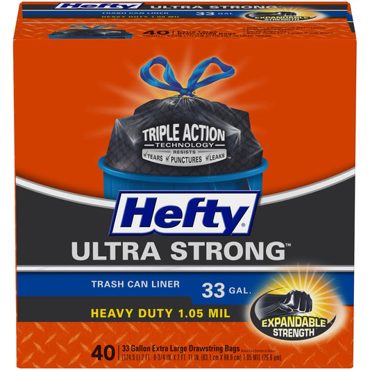 Hefty Ultra Strong Multipurpose Large Trash Bags, Black, Unscented Scent, 33 Gallon, 40 Count