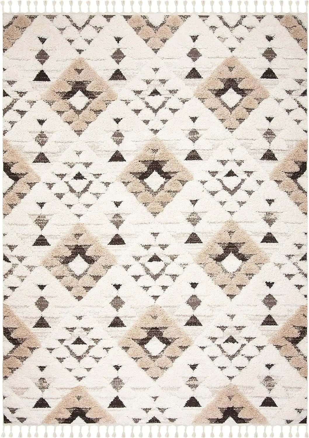 Large Area Rug - 11' x 15', Ivory & Brown, Boho Design, Non-Shedding & Easy Care, 2-inch Thick