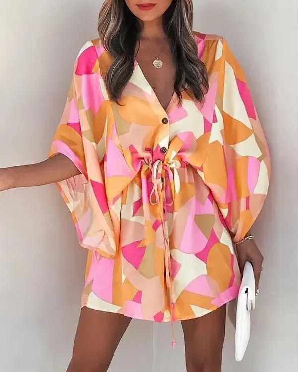 V-neck Flared Sleeve Cover Up For Woman Navy Loose Lace Up Holiday Beach 2024 Summer  Dress Beachwear Vestidos Verano Moda 2024