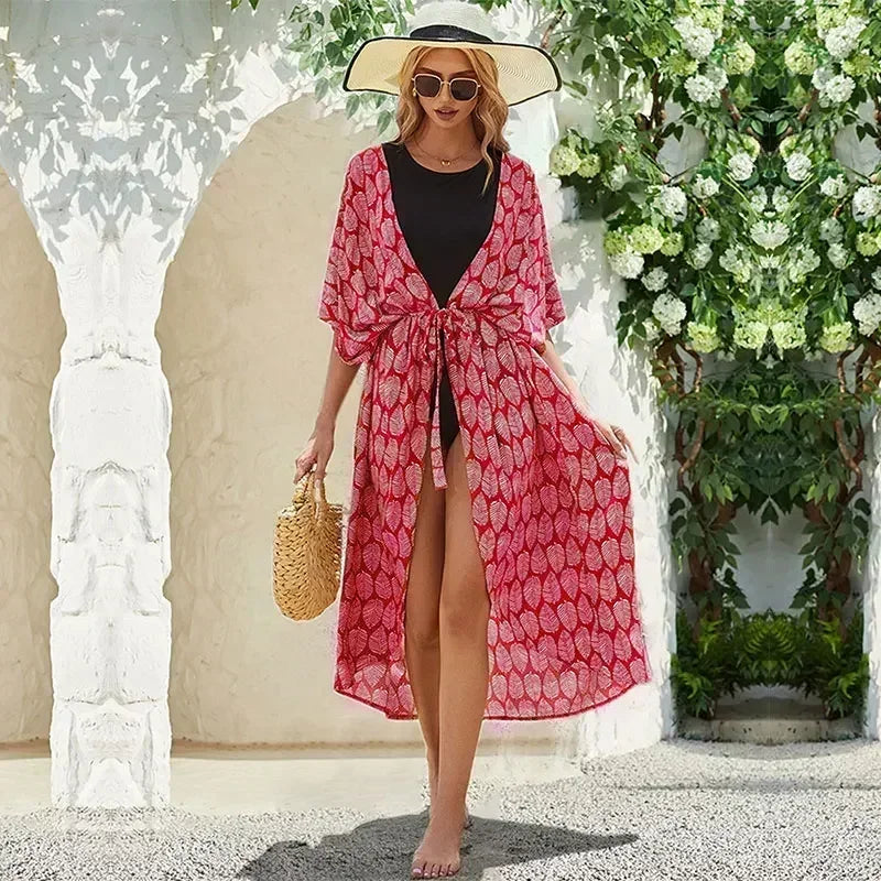 Bohemian Printed Summer Beach Wear Bikini Wrap Dress Tunic Summer Women Swimsuit Cover-ups