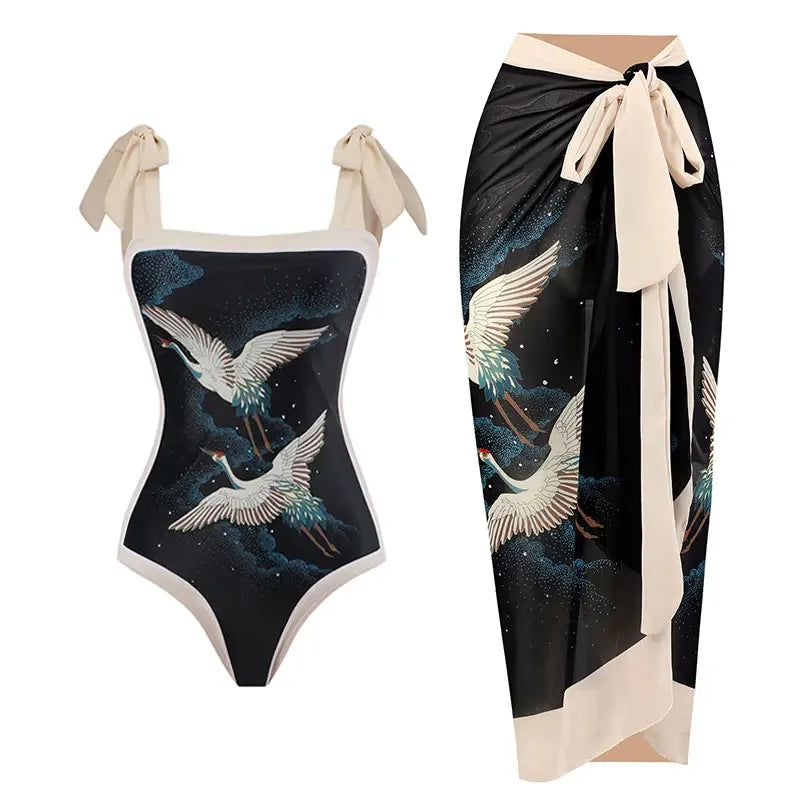 SUNSIREN Crane Printed Swimwear Women Bowknot Tie-Shoulder One-Piece Swimsuits Vintage Color Contrast Cover Ups Beachwear Summer
