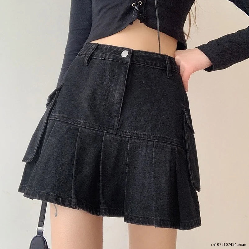 Goth Y2K Skirt Mujer High Waist Jeans Skirts E-girl Aesthetics Black Denim Pleated Skirts With Big Pockets Grunge Punk