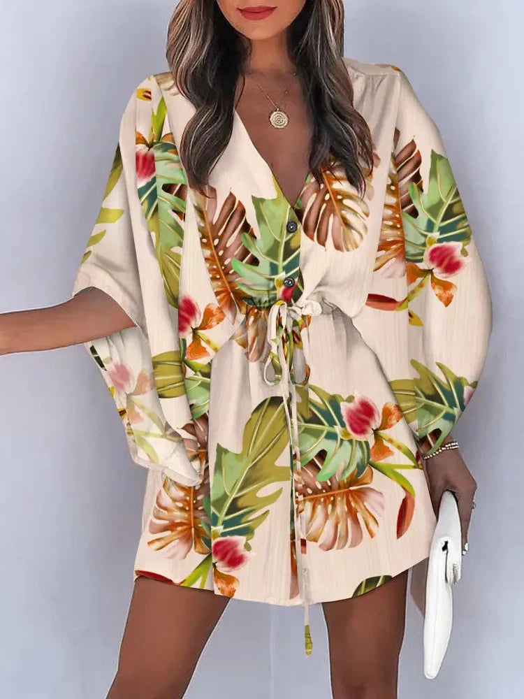 V-neck Flared Sleeve Cover Up For Woman Navy Loose Lace Up Holiday Beach 2024 Summer  Dress Beachwear Vestidos Verano Moda 2024