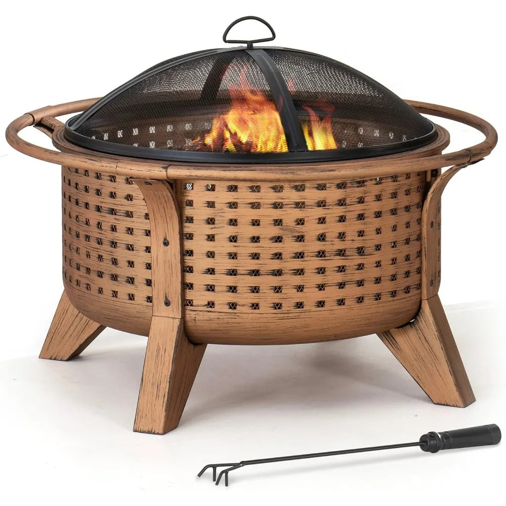 Fire Pit 30 in. Outdoor Wood-Burning Fire Pit, Patio Woven Round Steel Firepit Large Fire Pits for Outside with Spark Screen and