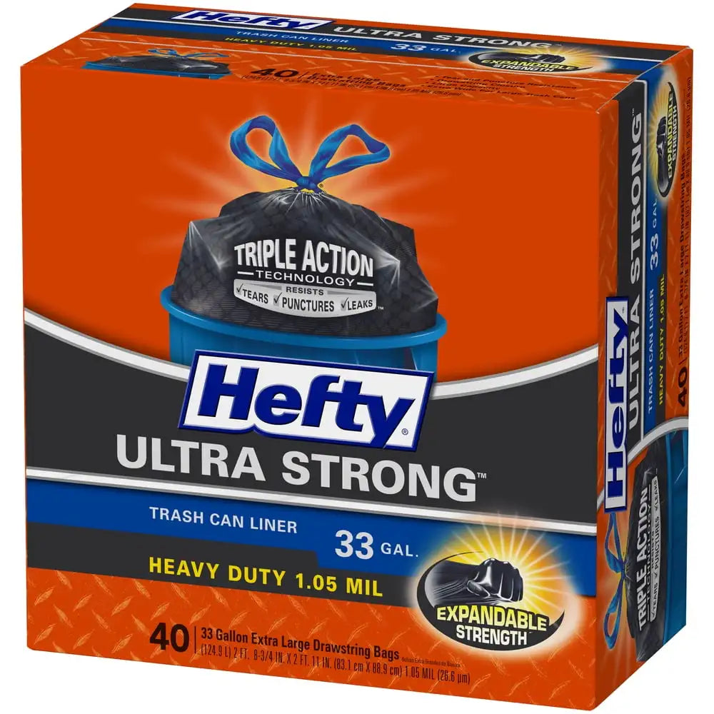 Hefty Ultra Strong Multipurpose Large Trash Bags, Black, Unscented Scent, 33 Gallon, 40 Count