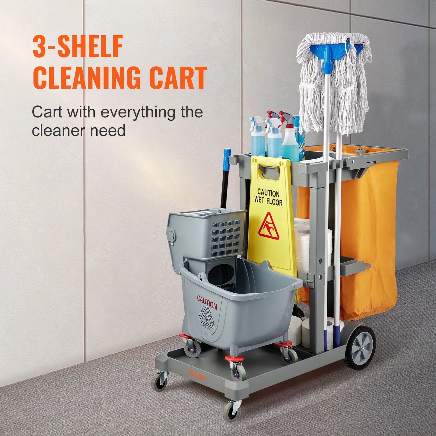 Black/Grey Cleaning Cart 3-Shelf Commercial Janitorial Cart 200 lbs Capacity Plastic Housekeeping Cart with 25 Gallon Bag