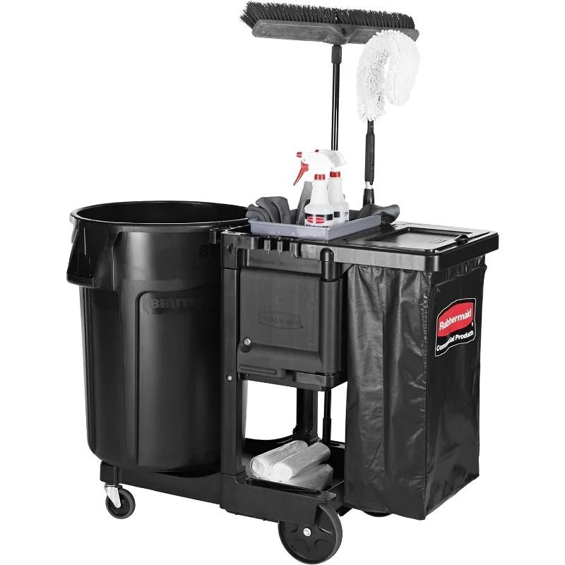 Housekeeping Cleaning Cart with Locking Cabinet, Wheeled with Zippered Black Vinyl Bag,Black,38"x21.8"x46"