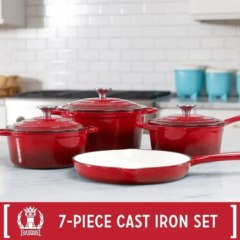 Basque Enameled Cast Iron Cookware Set (Rouge Red) Nonstick Oversized Handles Oven Safe 10.25/'' Skillet 2QT Saucepan