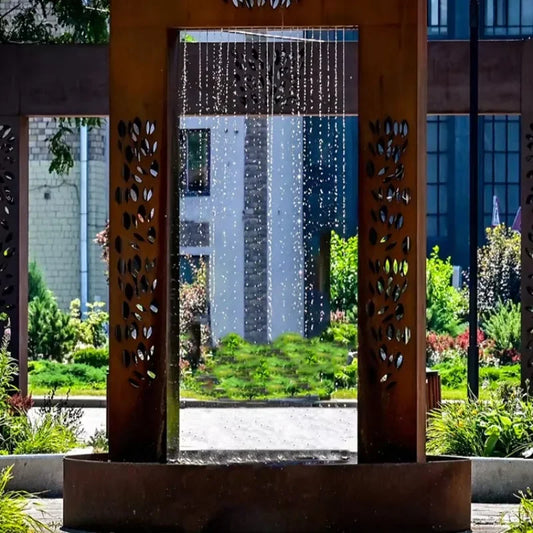 Customized Metal Rain Curtain Outdoor Garden Ornaments Corten Steel Garden Waterfall Water Fountain with LED Light