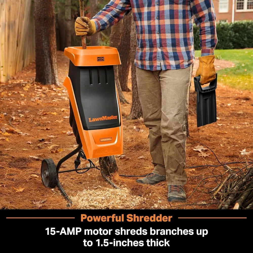 Electric Wood Chipper Shredder 15-Amp 1.5-Inch Cutting Diameter Max 10:1 Reduction Chop Branches Into Garden Mulch