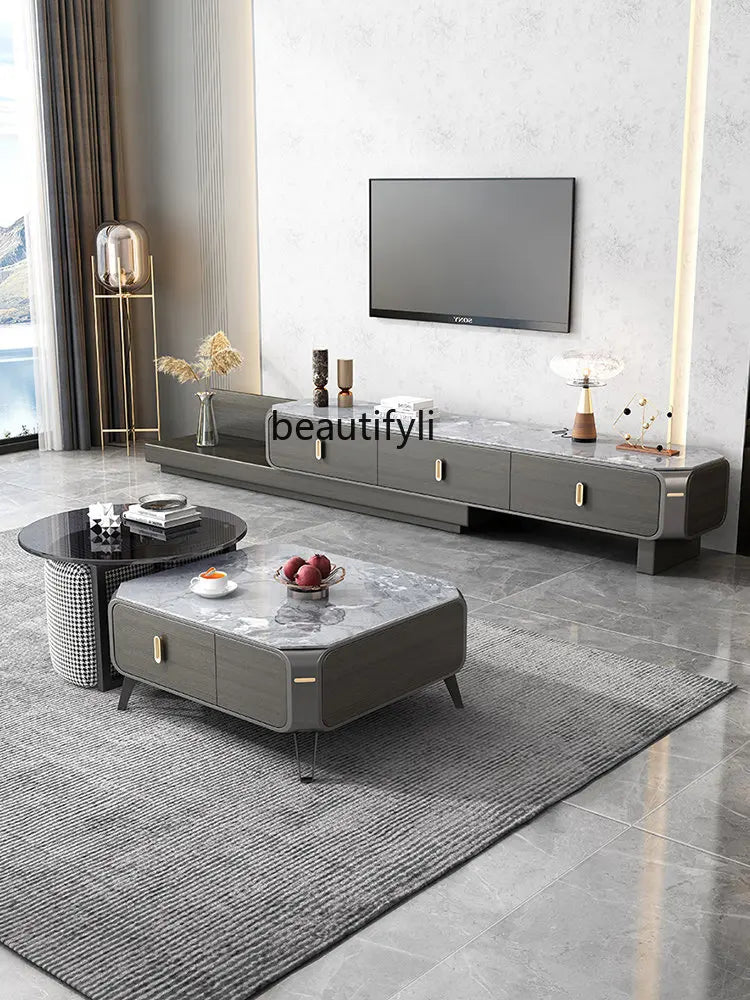 Stone Plate TV Cabinet and Tea Table Combination Household Small Apartment Nordic Italian Oval Telescopic Floor Cabinet