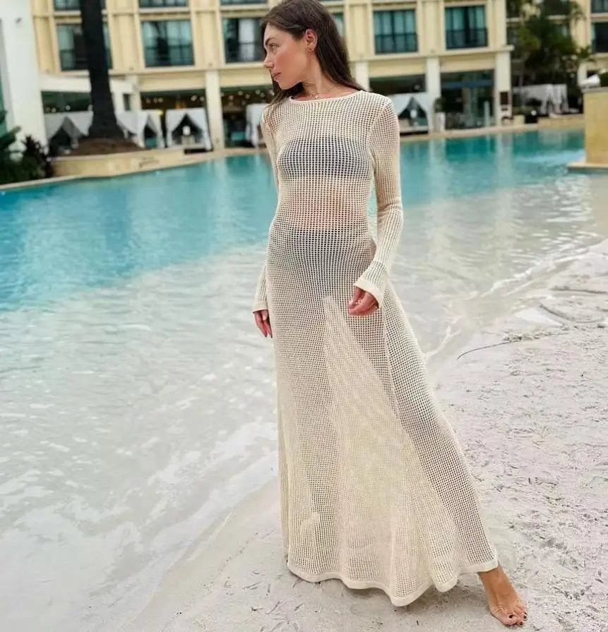 Yiiciovy Summer Beach Cover-Ups Women Long Sleeve Dress Knitted Cutout See-through Long Party Dress for Beach Club Streetwear