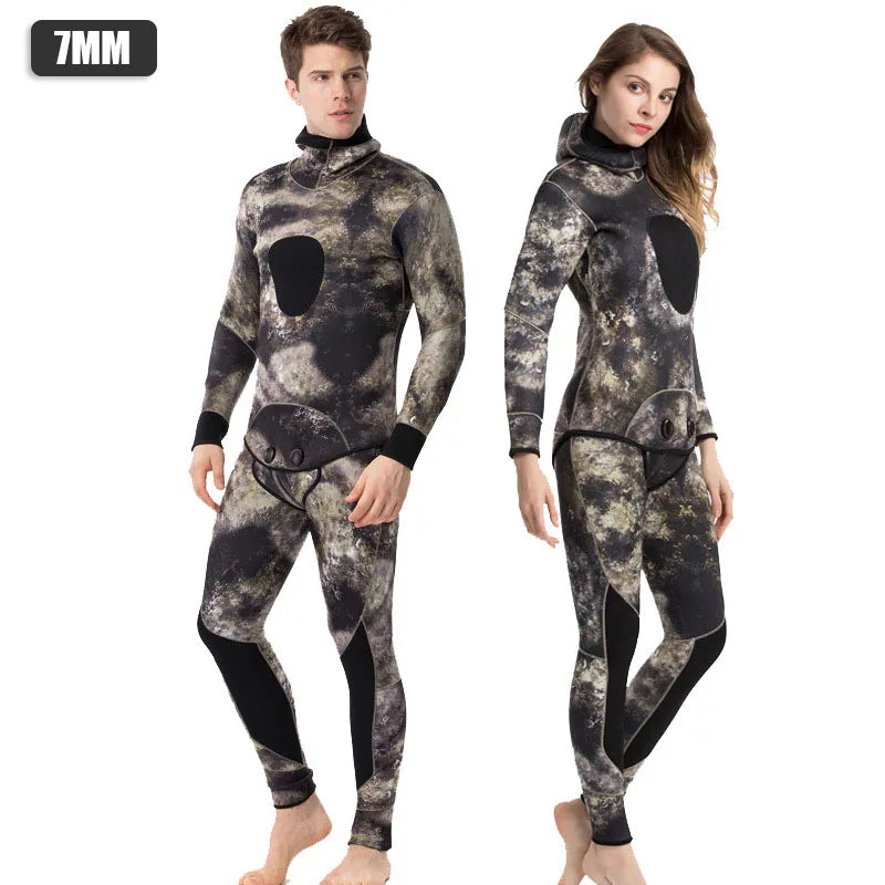 Oulylan 5mm 7mm Men's Camouflage Wetsuit Hooded 2 Pieces Swimsuit Spearfishing Kayak Underwater Hunting Scuba Diving Supplies