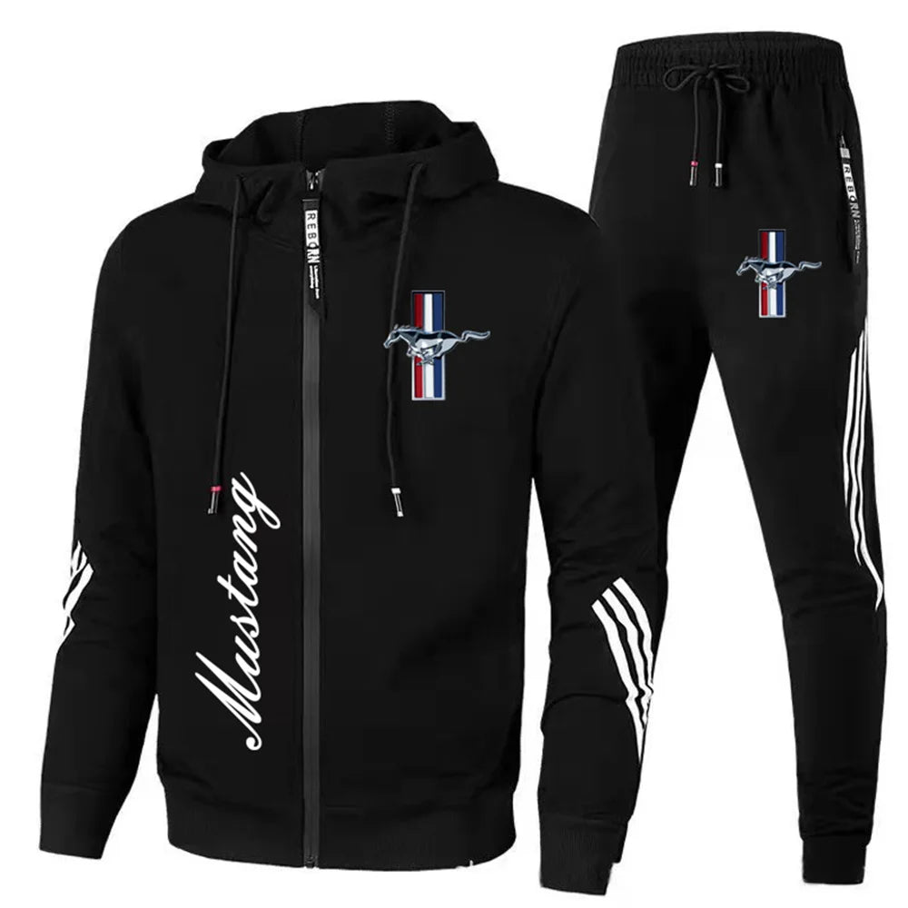 Men's Sportswear Ford Mustang Car Logo Printed Hooded Sweatshirt+Trousers Casual Fit Running Fitness Men's Sportswear 2PK