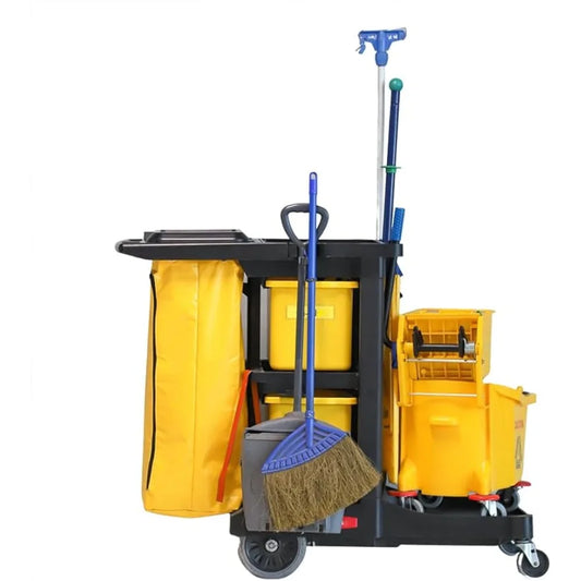 1 Heavy-Duty Janitorial Cart - With 3 Shelves, 20-Gallon Nylon Bag, Plastic Housekeeping 44.3 x 20.1 x 37.8 Cleaning Cart