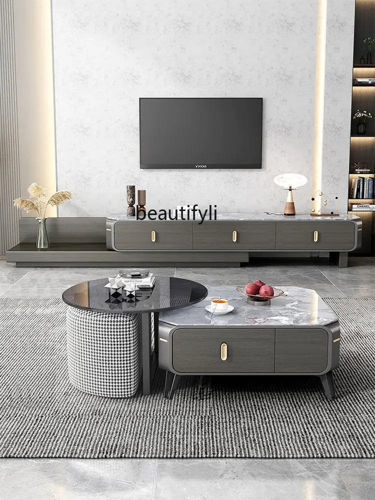 Stone Plate TV Cabinet and Tea Table Combination Household Small Apartment Nordic Italian Oval Telescopic Floor Cabinet