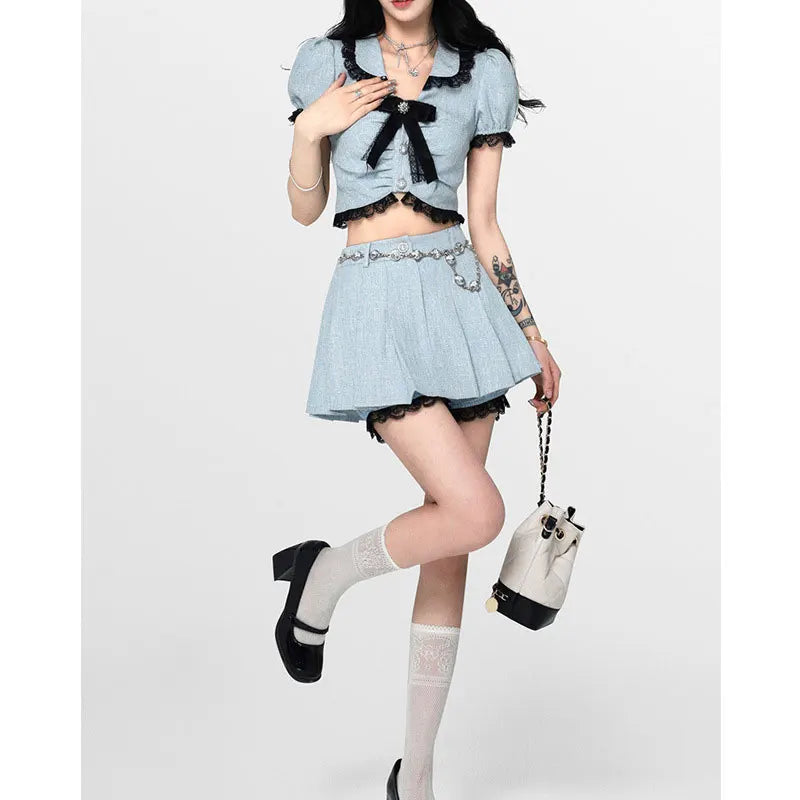 Korea Summer Sweet Two Piece Mini Skirts Sets Kawaii Lolita Peter Pan Collar Bow Crop Top + Mini Skirt Suit Blue Outfit Outwear