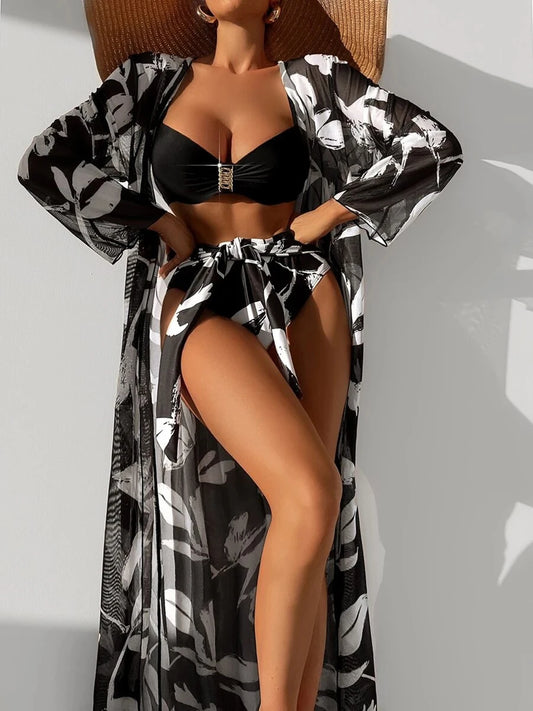 3 Pieces High Waist Bikini & Long Sleeve Kimono Swimsuit Women Swimwear