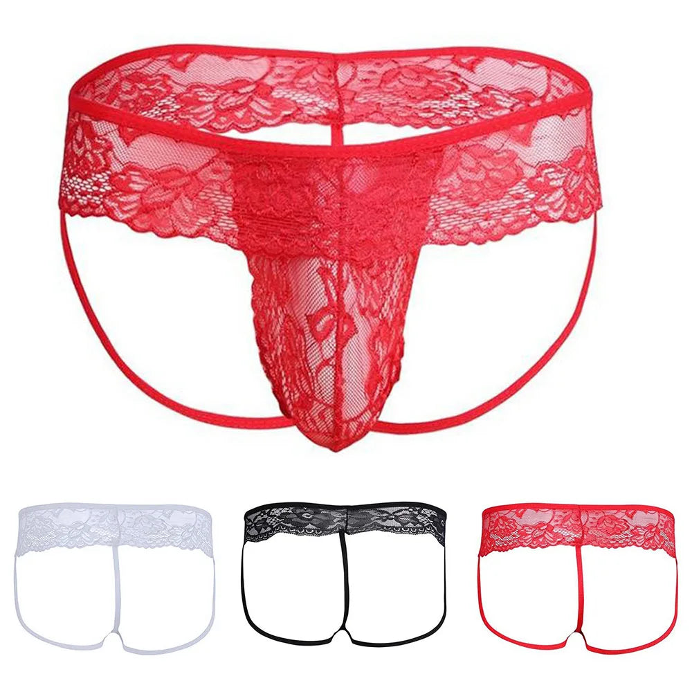 Men Lace See Through Sissy Gay Pouch Thong Briefs Underwear Hollow Transparent Sensual Panties Underpants Breathable Nightwear