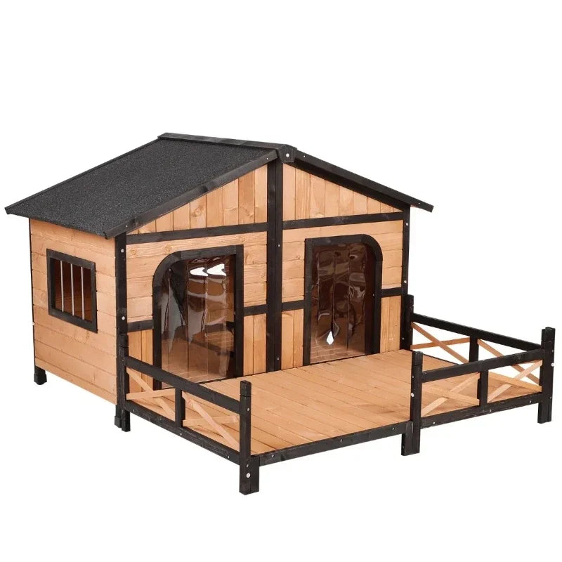 Dog House Weatherproof Rustic Log Cabin Style Elevated Pet Shelter Nap Porch Deck Natural