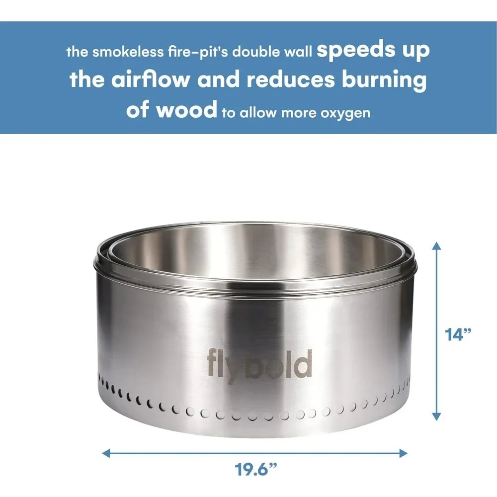 19.5 Inch Large Fire Pits for Outside Patio Outdoor Campfire Smokeless Bonfire | Stainless Steel Fire Pit Natural Wood Burning