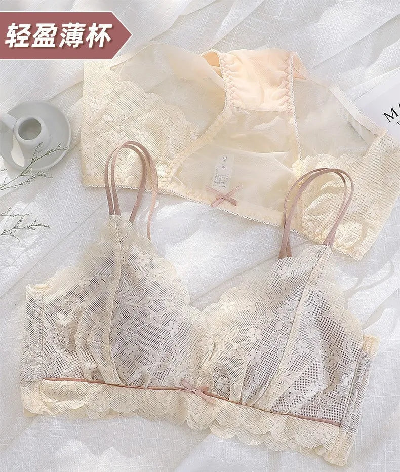 Lace ultrathin section beauty underwear girl back without rims together bra lingerie feminina