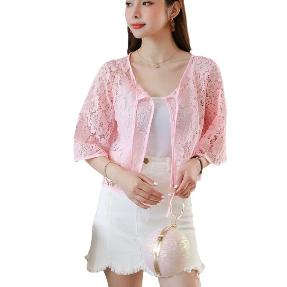 Flower Mesh Small Shawl Jacket Lace Up Transparent Lace Cardigan Shirt Short Sleeve Beachwear Sun Protection Cardigan Tops