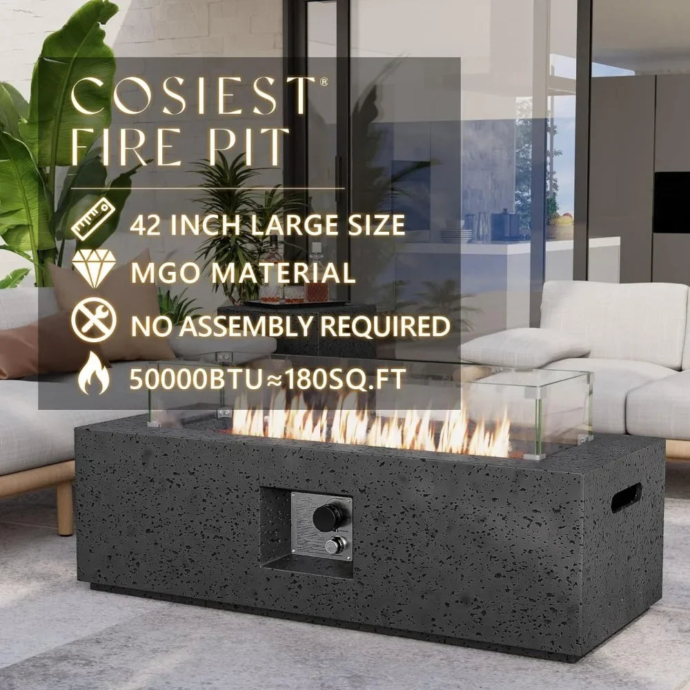 Outdoor Propane Fire Pit Coffee Table, 42-inch x 13-inch MgO Rectangle Base Patio Heater w 50,000 BTU Stainless Steel Burner