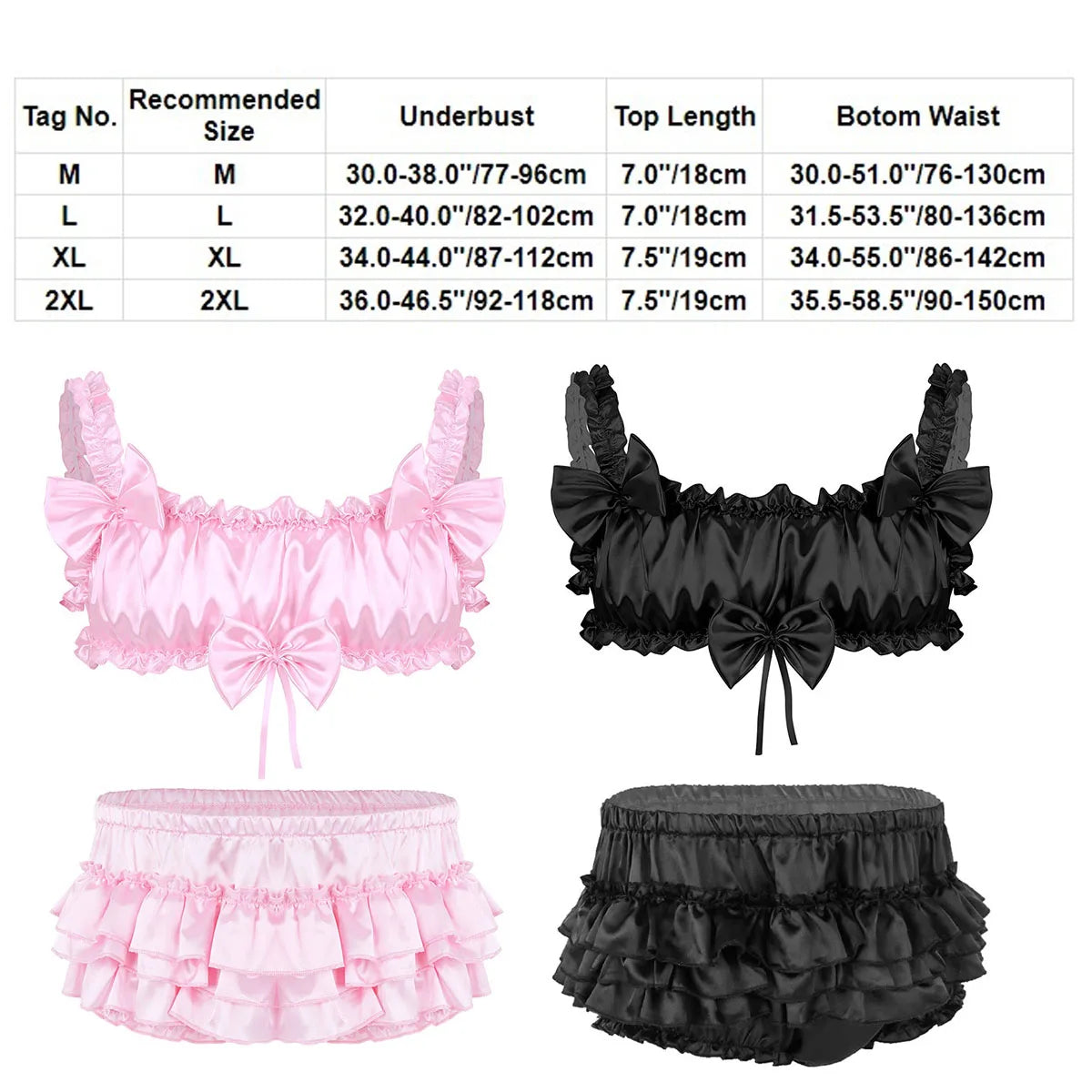 Mens Lingerie Set Sissy Satin Bra +Panties Frilly Bowknot Ruffled Lace Sleepwear Nightdress Gay Male Crossdress Underwear Set