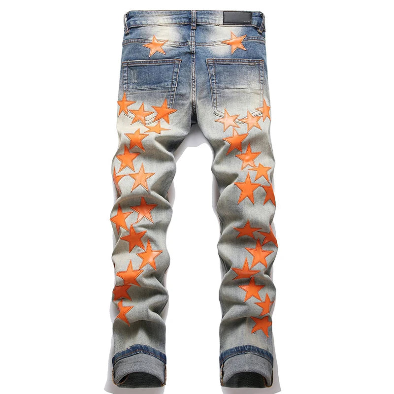 Men High Street Orange Star Embroidery Patch Jeans Men's Slim Fit Full Sky Star Denim Pants Jeans