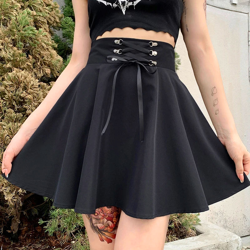 Harajuku Women's Basic Versatile Flared Casual Mini Skater Skirt High Waisted School Goth Punk Black Skirt