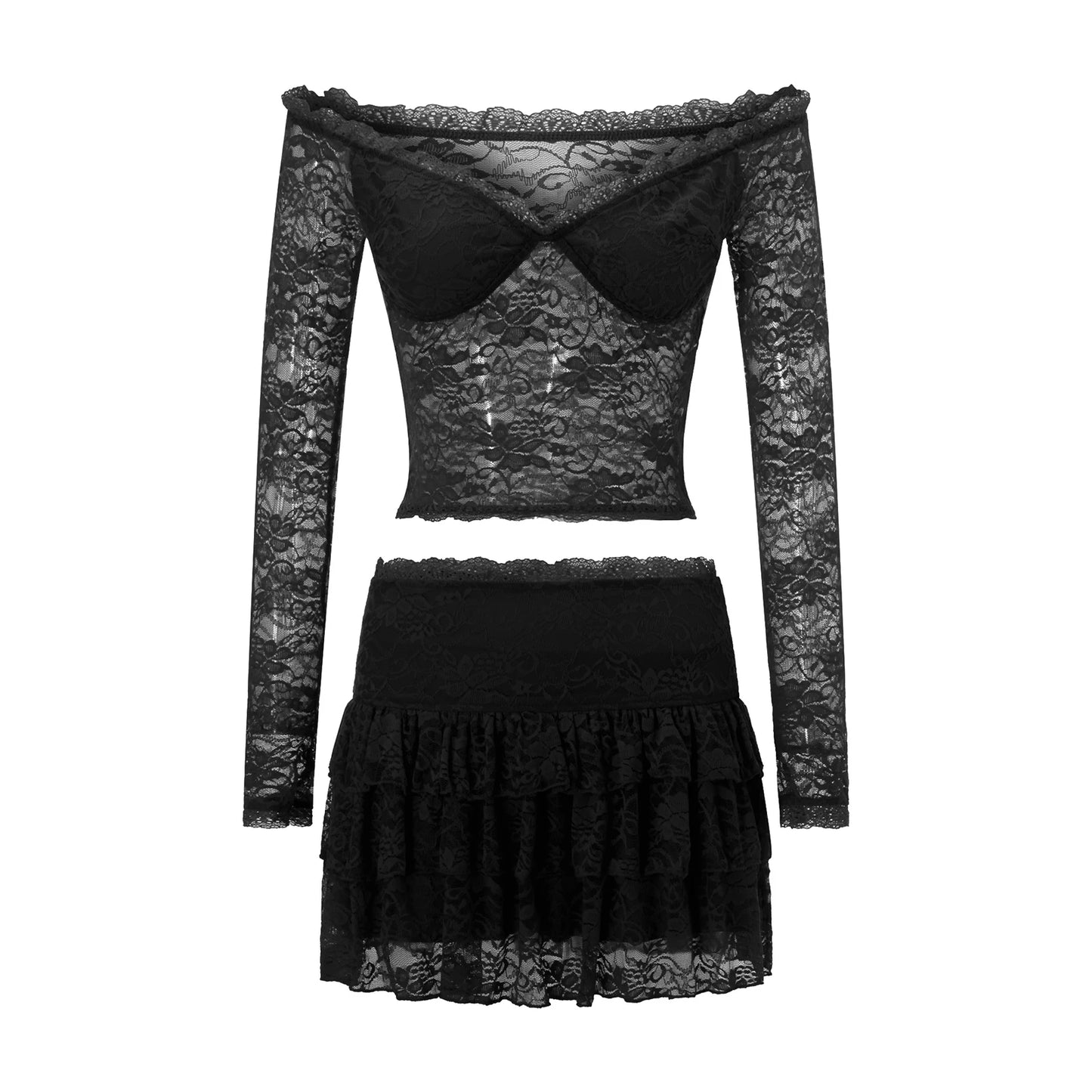 Lace Trim Two Piece Outfits for Women Off Shoulder Crop Tops T-shirts Short Mini Skirt y2k 2 Piece Skirts Sets Beach Wear