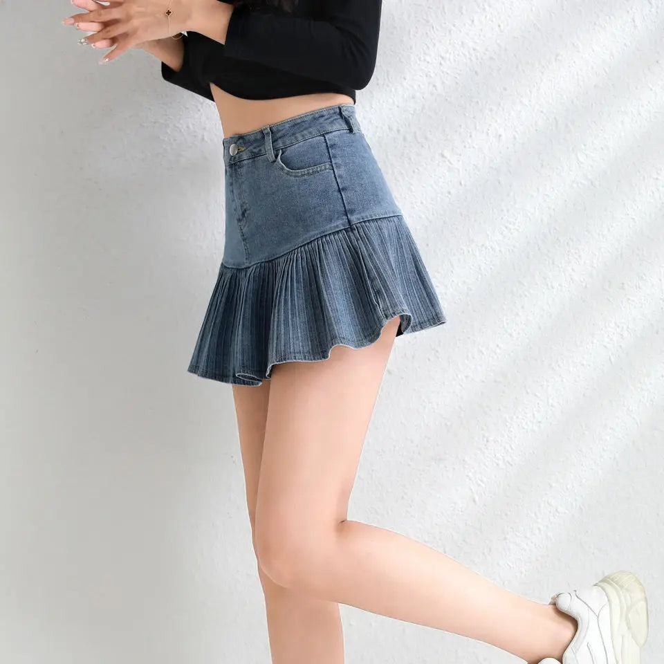 Jeans Mini Skirt Goth Denim Pleated Skirts with Big Pockets Women Girl Summer Punk Y2K Black Faldas High Waist Korean Fashion