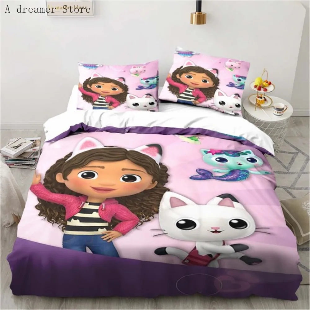 Gabbys Dollhouse Characters Bedding Set Cartoon Duvet Cover 2/3Pc Pink Bedclothes Single Double Queen King Size for Girl Bed Set