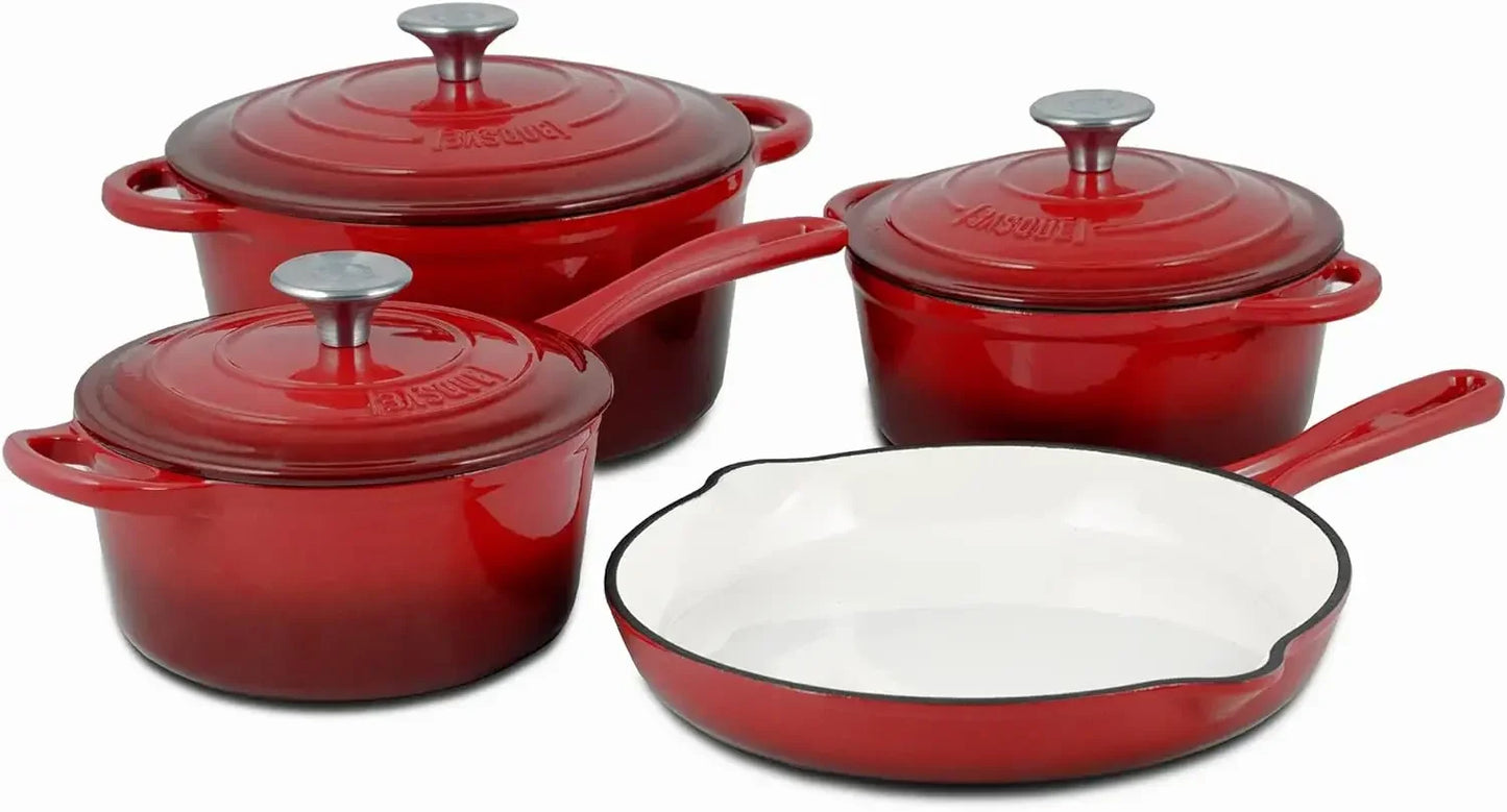 Basque Enameled Cast Iron Cookware Set (Rouge Red) Nonstick Oversized Handles Oven Safe 10.25/'' Skillet 2QT Saucepan