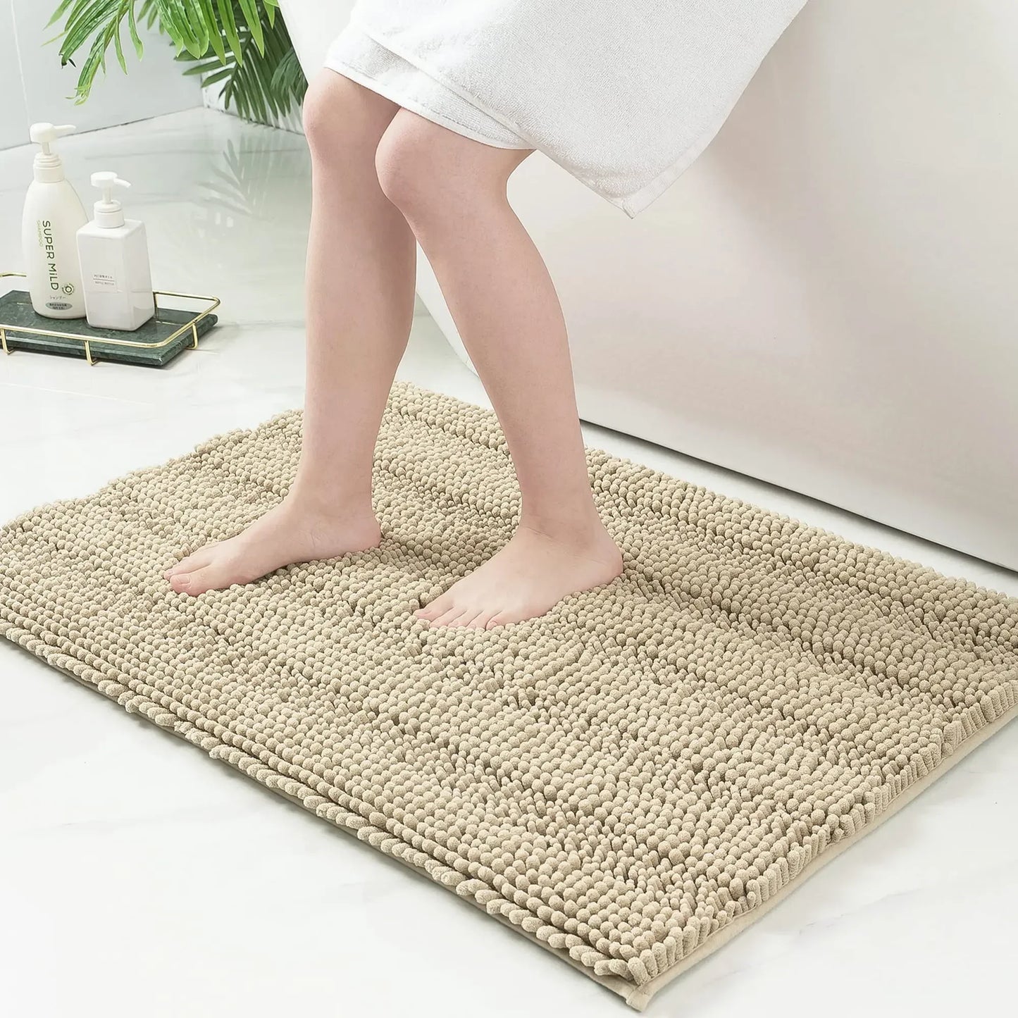 Olanly Chenille Striped Bath Mat Absorbent Quick Dry Floor Decoration Shaggy Shower Pad Soft Plush Carpet Anti-Slip Bathroom Rug