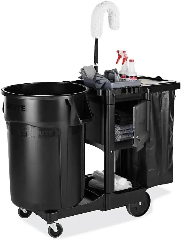 Executive Series Janitorial and Housekeeping Cleaning Cart with Locking Cabinet, Wheeled with Zippered Black Vinyl Bag, Black