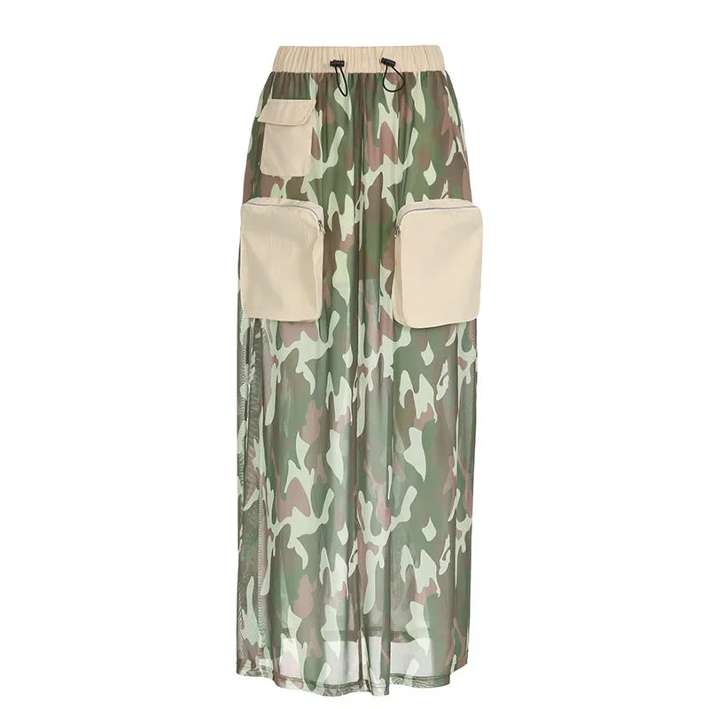 Street Fashion Women Camouflage Mesh Perspective Cargo Skirts Big Pockets Drawstring Skirts Patchwork Camo Long Baggy Skirts