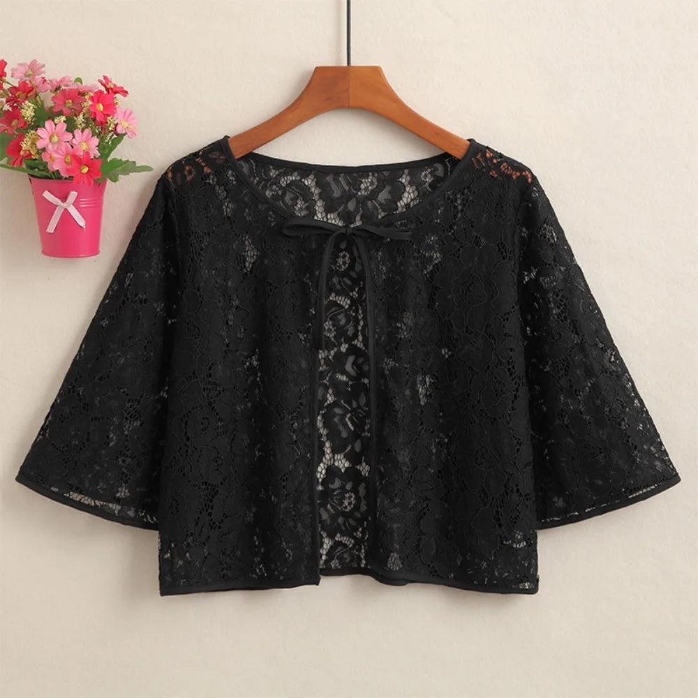 Flower Mesh Small Shawl Jacket Lace Up Transparent Lace Cardigan Shirt Short Sleeve Beachwear Sun Protection Cardigan Tops