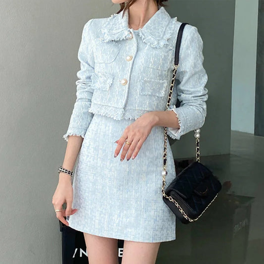 High Quality Female Elegant Skirt Suits 2023 New Autumn Tweed Two Piece Set Women Outfits Crop Top Mini Skirt Set Vetement Femme