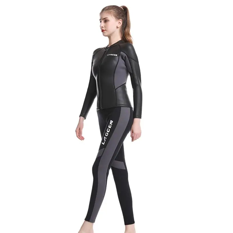 LAGCEN 2.5mm Neoprene Leather Wetsuit Women Long Sleeve Scuba Diving suit Female Surfing Snorkeling 2 pieces set Winter Swimsuit