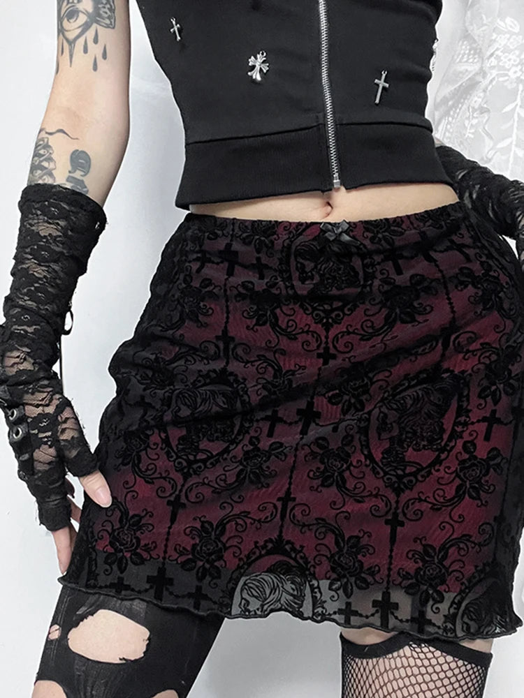 InsGoth Velvet Lace Skirts for Women High Waist Gothic Vintage Ruffle Skirt Y2k Punk Goth Party Skirt Fairy Grunge Mini Skirt