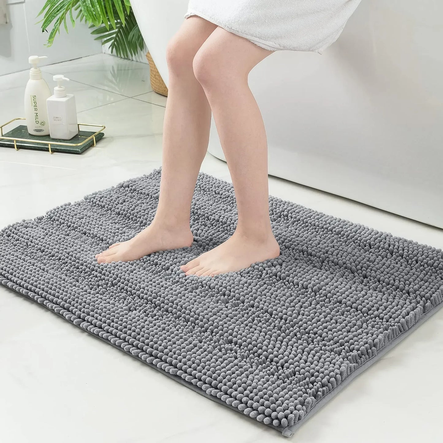 Olanly Chenille Striped Bath Mat Absorbent Quick Dry Floor Decoration Shaggy Shower Pad Soft Plush Carpet Anti-Slip Bathroom Rug