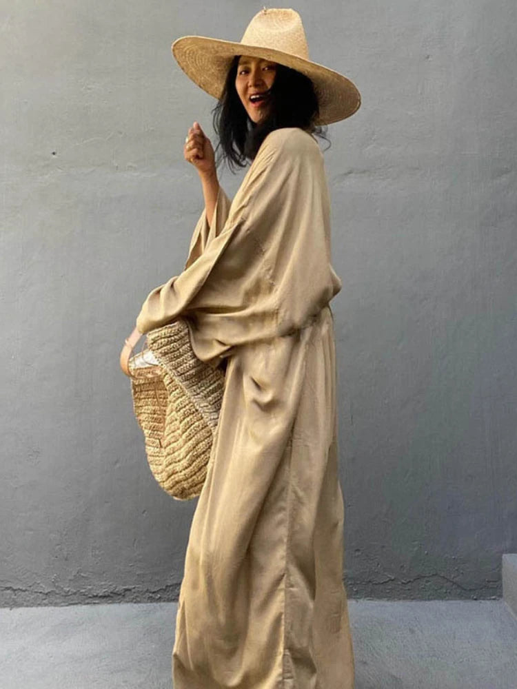 Solid Beach Cover Up Women Self Belted Wrap Kimono Dress Swimsuit 2022 New Robe Summer Beachwear Factory Supply