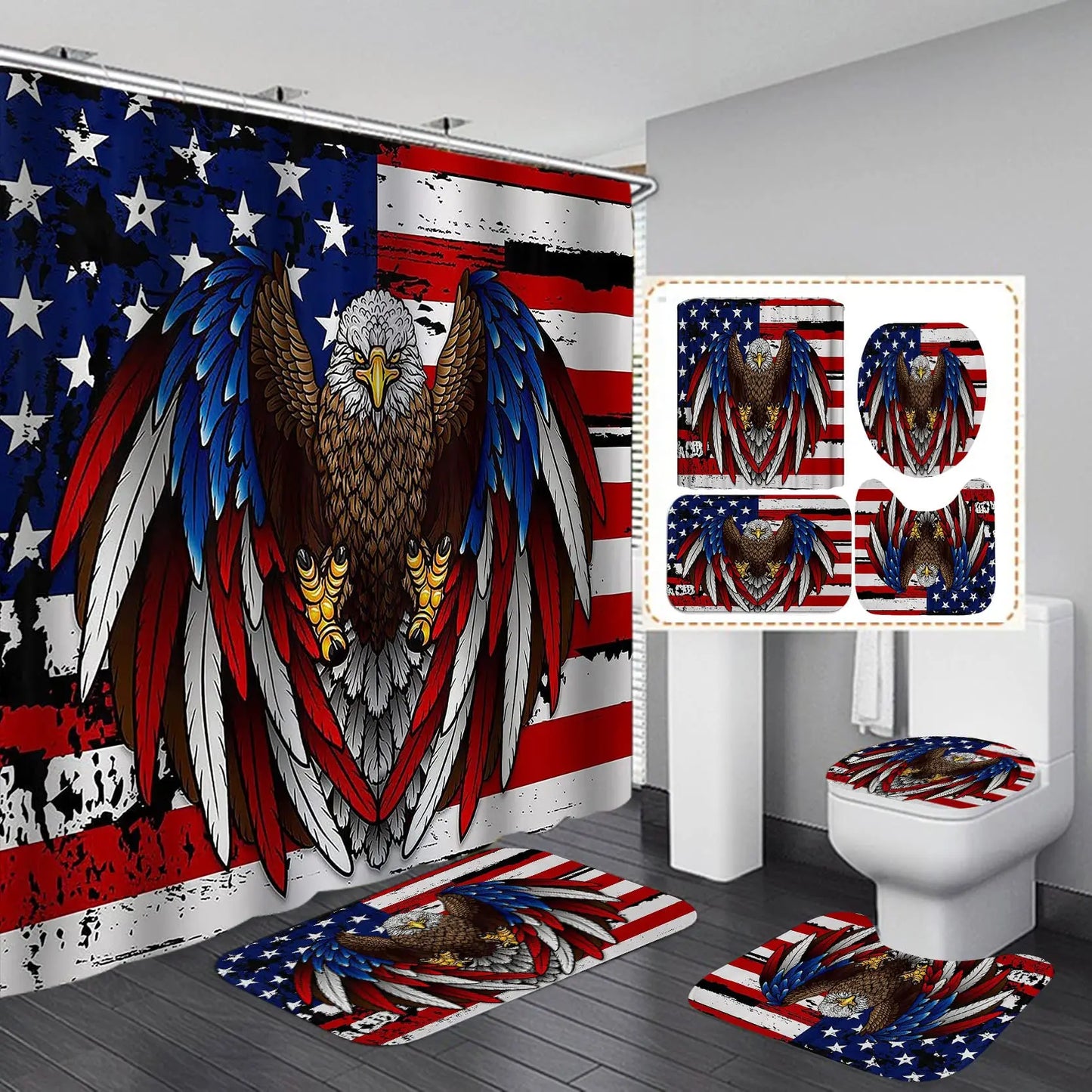 USA Flag American Bald Eagle Shower Curtain Set Non-Slip Rug Toilet Lid Cover Bath Mat Independence Day Patriotic Bathroom Sets