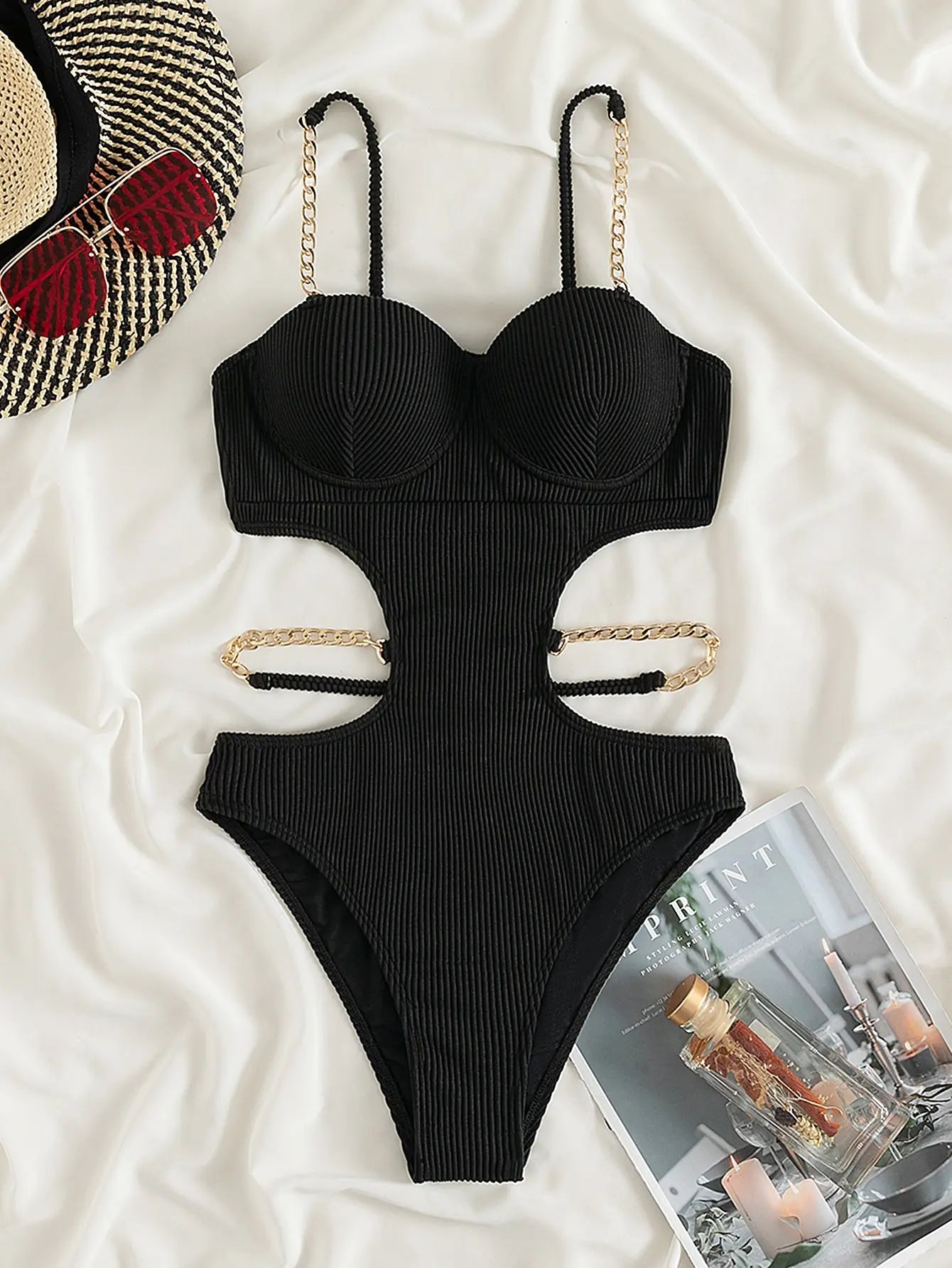 Chain Linked One Piece Swimsuit Women Push Up Swimwear Female  Beachwear