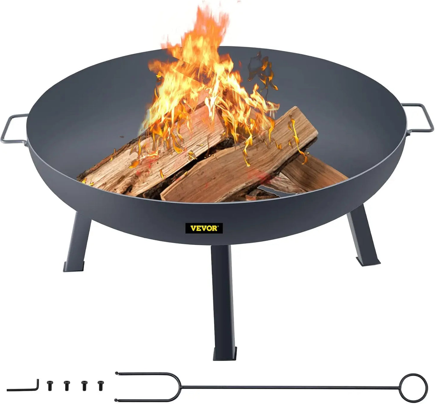 Fire Pit Bowl, 34-Inch Diameter Round Carbon Steel Fire Bowl, Wood Burning for Outdoor Patios, Backyards & Camping Uses, with