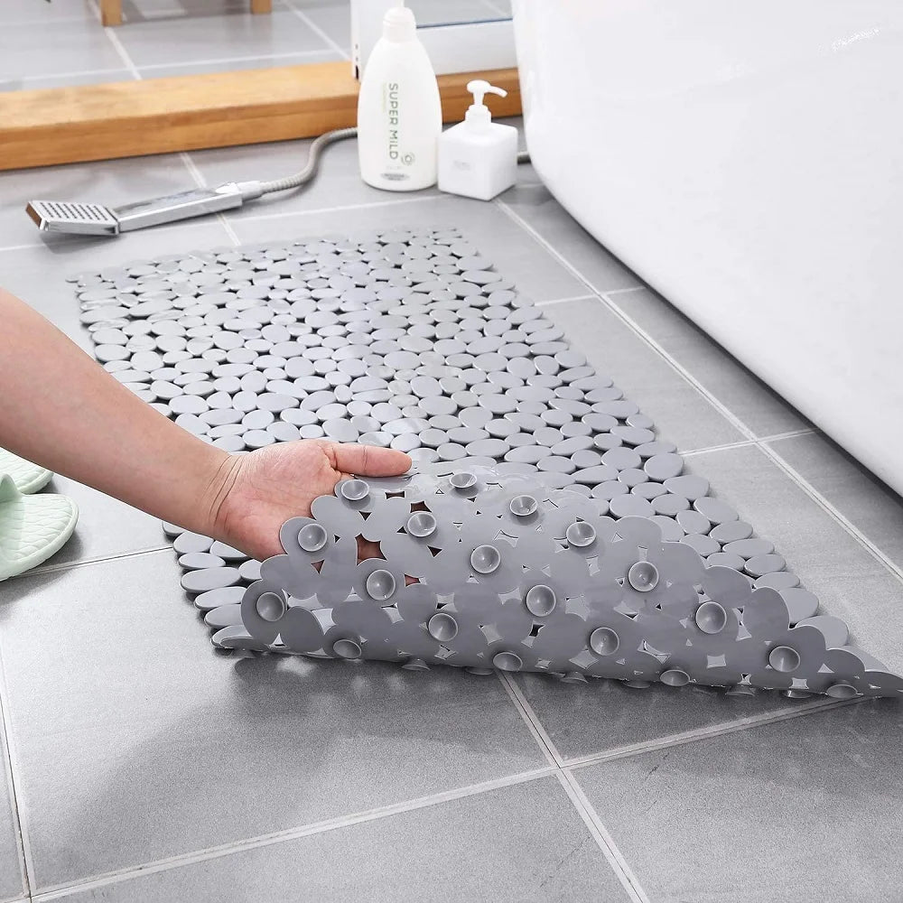 Non-Slip Bath Tub Shower Mats Pebble Shape Machine Washable Bathtub Mat With Drain Holes Suction Cups For Bathroom